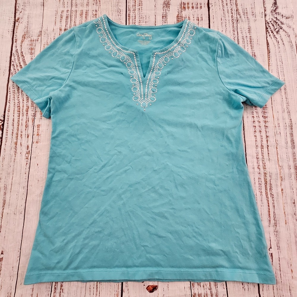 Coral Bay Blue Beaded Cotton Blend Short Sleeve T-Shirt Women's M‎